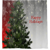 Christmas Party Green Tree Red Silver Snowflakes シャワーカーテン (正面)