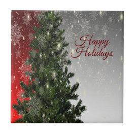 Christmas Party Green Tree Red Silver Snowflakes タイル