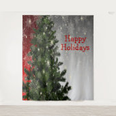 Christmas Party Green Tree Red Silver Snowflakes タペストリー (正面)