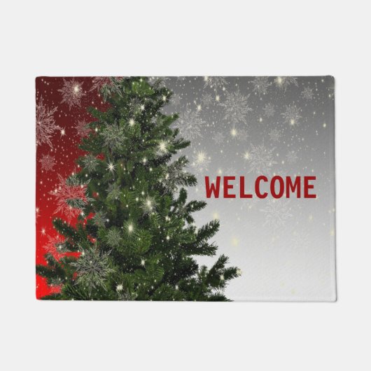 Christmas Party Green Tree Red Silver Snowflakes ドアマット (正面)