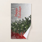 Christmas Party Green Tree Red Silver Snowflakes バスタオルセット (ハンドタオル)