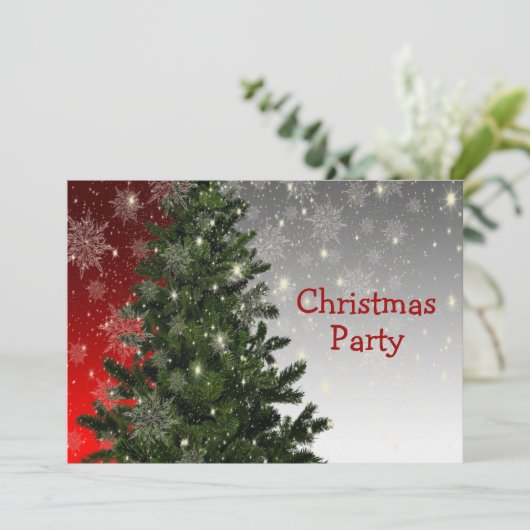 Christmas Party Green Tree Red Silver Snowflakes 招待状 (スタンド正面)