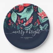 Christmas Party Holiday Blue Botanical Floral  ペーパープレート (正面)