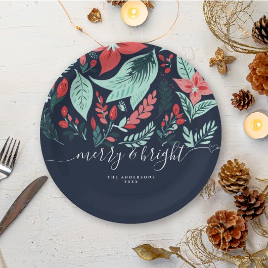 Christmas Party Holiday Blue Botanical Floral  ペーパープレート
