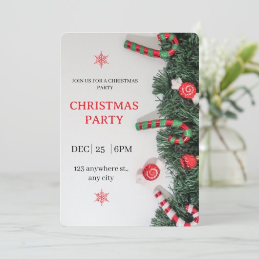 Christmas Party Invitation Candy Cane Greenery 招待状 (スタンド正面)
