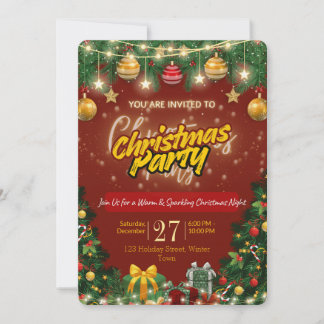 Christmas Party Invitation | Red & Gold Holiday  招待状