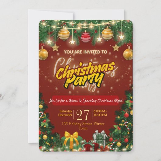Christmas Party Invitation | Red & Gold Holiday 招待状 (正面)