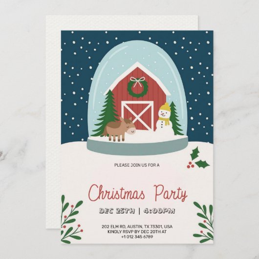 Christmas party Invitation with a cozy barn  招待状 (正面/裏面)