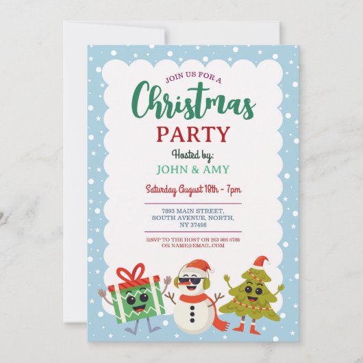 Christmas Party Invite Snowman Christmas Tree 招待状 (正面)