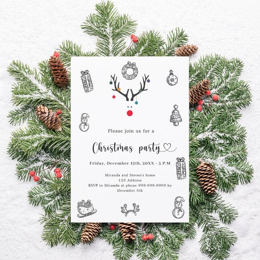 Christmas party modern funny reindeer doodles 招待状