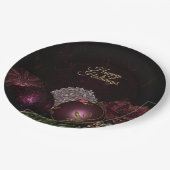 Christmas Party Pink Ornament Green Leaves Black ペーパープレート (アングル)