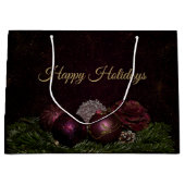 Christmas Party Pink Ornament Green Leaves Black ラージペーパーバッグ (正面)