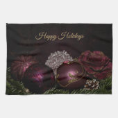 Christmas Party Pink Ornaments Green Leaves Black キッチンタオル (横)