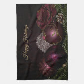 Christmas Party Pink Ornaments Green Leaves Black キッチンタオル (縦)