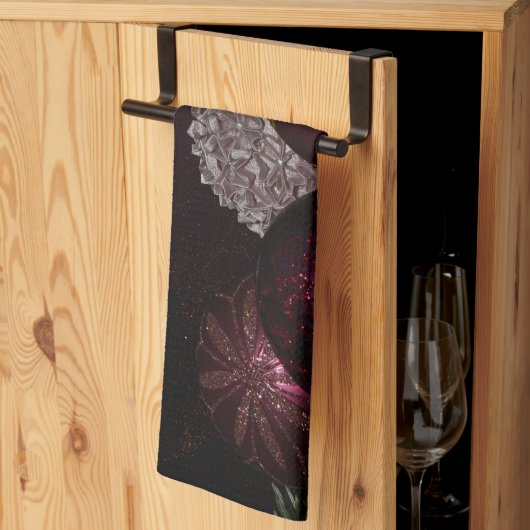 Christmas Party Pink Ornaments Green Leaves Black キッチンタオル (三つ折り)