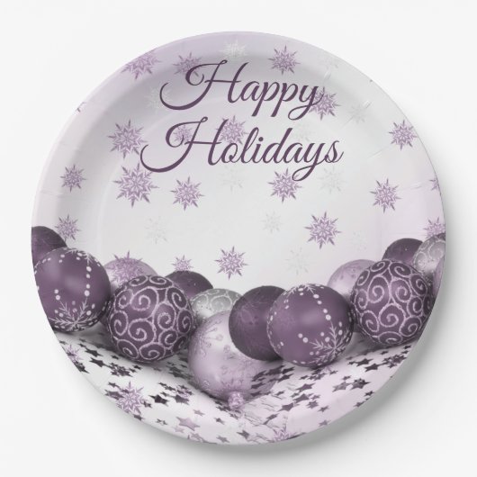 Christmas Party Pink Purple Ornament Snowflakes ペーパープレート (正面)
