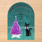 Christmas Party Pink Tree Black Cat Teal Room アクリル招待状 (正面)