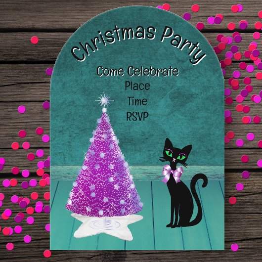 Christmas Party Pink Tree Black Cat Teal Room アクリル招待状
