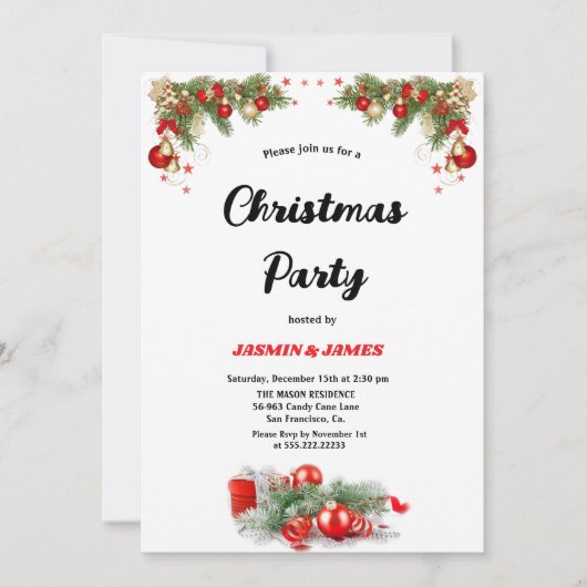 Christmas party red green baubles invitatio 招待状 (正面)