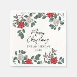Christmas Party Red Green Floral スタンダードカクテルナプキン