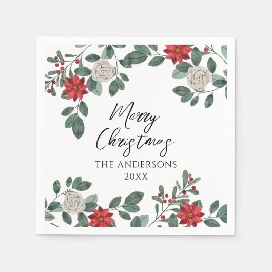 Christmas Party Red Green Floral スタンダードカクテルナプキン (正面)