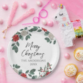 Christmas Party Red Green Floral ペーパープレート (パーティー)