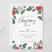 Christmas Party Red Green Floral 招待状 (正面)