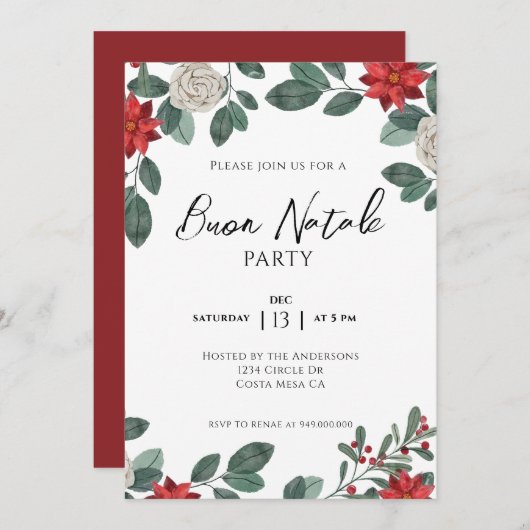 Christmas Party Red Green Floral 招待状 (正面/裏面)