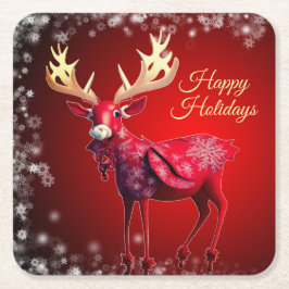 Christmas Party Red Reindeer White Snowflakes スクエアペーパーコースター