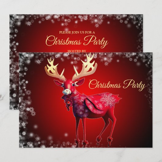 Christmas Party Red Reindeer Winter Holidays 招待状 (正面/裏面)