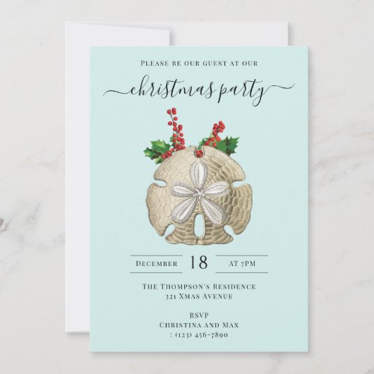 Christmas Party Sand Dollar Holly Berries Coastal  招待状 (正面)