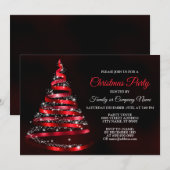 Christmas Party Shiny Red Ribbon Tree Sparkle 招待状 (正面/裏面)