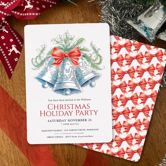 Christmas party silver bells red bow watercolor 箔招待状