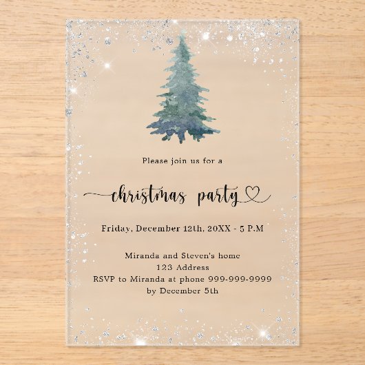 Christmas Party silver snow tree frosted アクリル招待状 (正面)