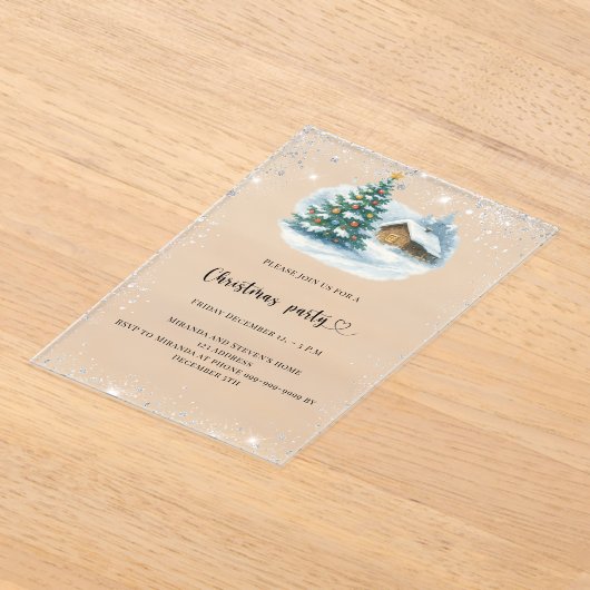 Christmas Party silver snow tree house frosted アクリル招待状 (レイダウン)