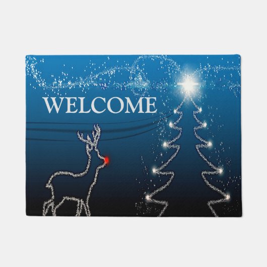 Christmas Party Tree Blue Sky Shiny Stars Rustic ドアマット (正面)