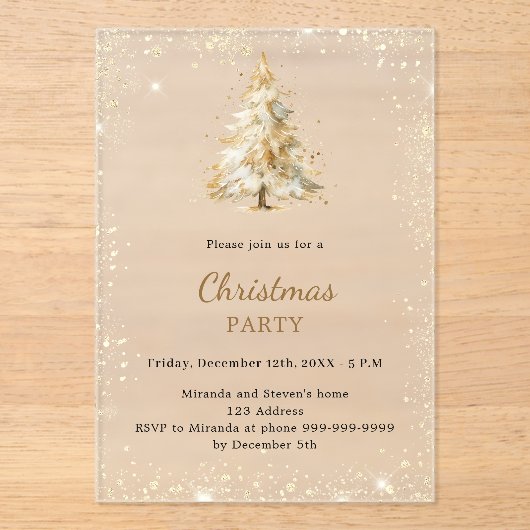 Christmas Party tree snow hand-drawn frosted アクリル招待状 (正面)