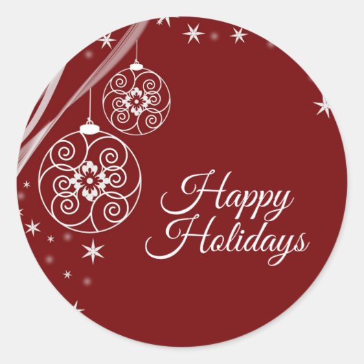 Christmas Party White Ornaments Stars Red Elegant ラウンドシール (正面)