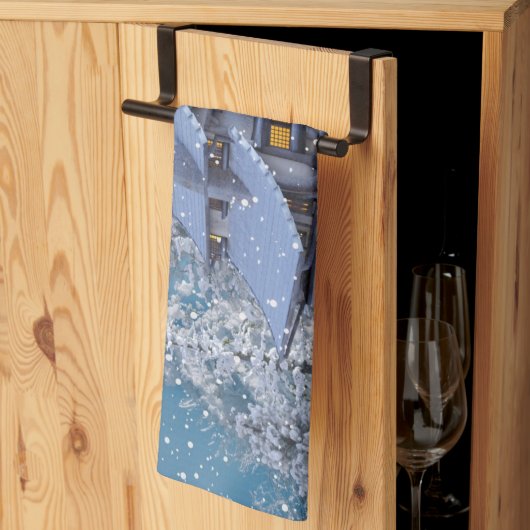 Christmas Party Winter White Snowman Blue Rustic キッチンタオル (三つ折り)