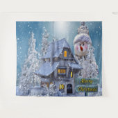 Christmas Party Winter White Snowman Blue Rustic タペストリー (正面(横))