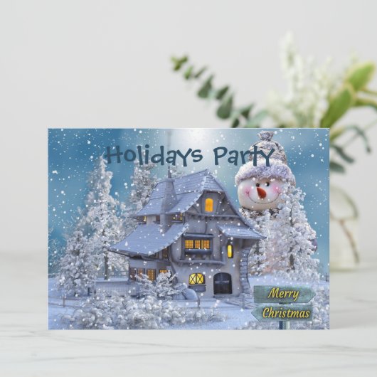 Christmas Party Winter White Snowman Blue Rustic 招待状 (スタンド正面)