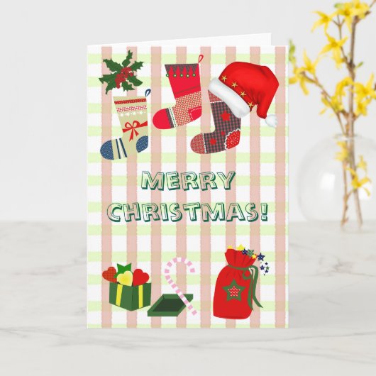 Christmas pastel plaid and cute holiday icons カード (黄色い花)