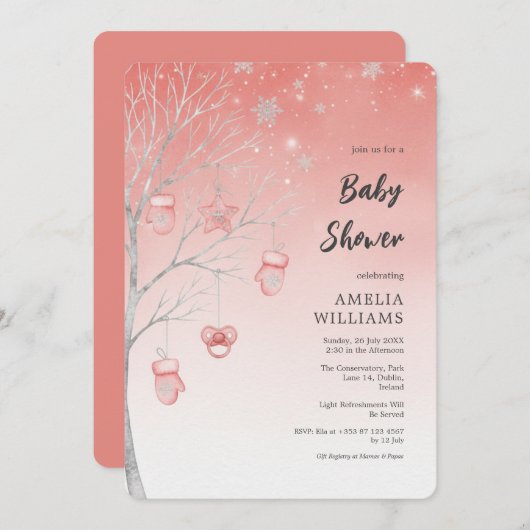 Christmas Pastel Red Winter Tree Baby Shower 招待状 (正面/裏面)