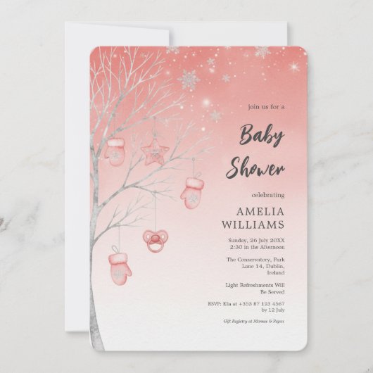 Christmas Pastel Red Winter Tree Baby Shower 招待状 (正面)