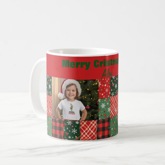 Christmas patchwork green red two photo coffee mug コーヒーマグカップ (正面左)