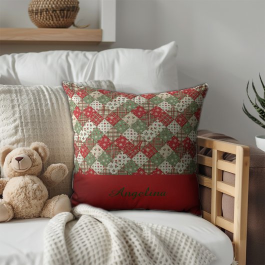  Christmas patchwork name Green Red  クッション