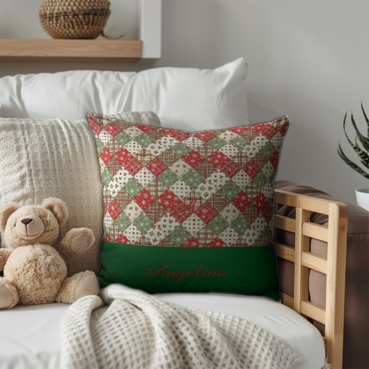  Christmas patchwork name Green Red  クッション