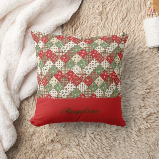  Christmas patchwork name Green Red  クッション (ブランケット)