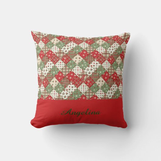Christmas patchwork name Green Red クッション (正面)