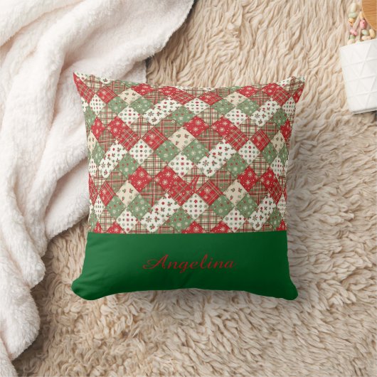  Christmas patchwork name Green Red  クッション (ブランケット)